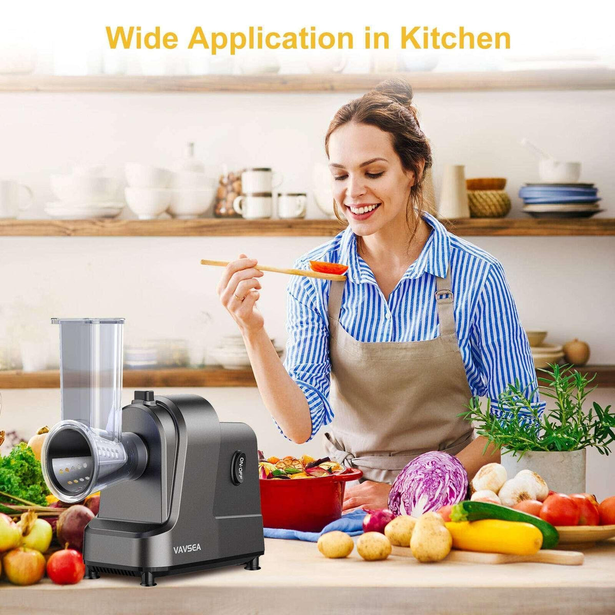 VAVSEA 5-in-1 Electric Cheese Grater, 400W Electric Cheese Shredder with 5 Stainless Blades, Salad Maker with One-Touch Control for Cheese, Vegetables and Fruits, Gifts for Christmas
