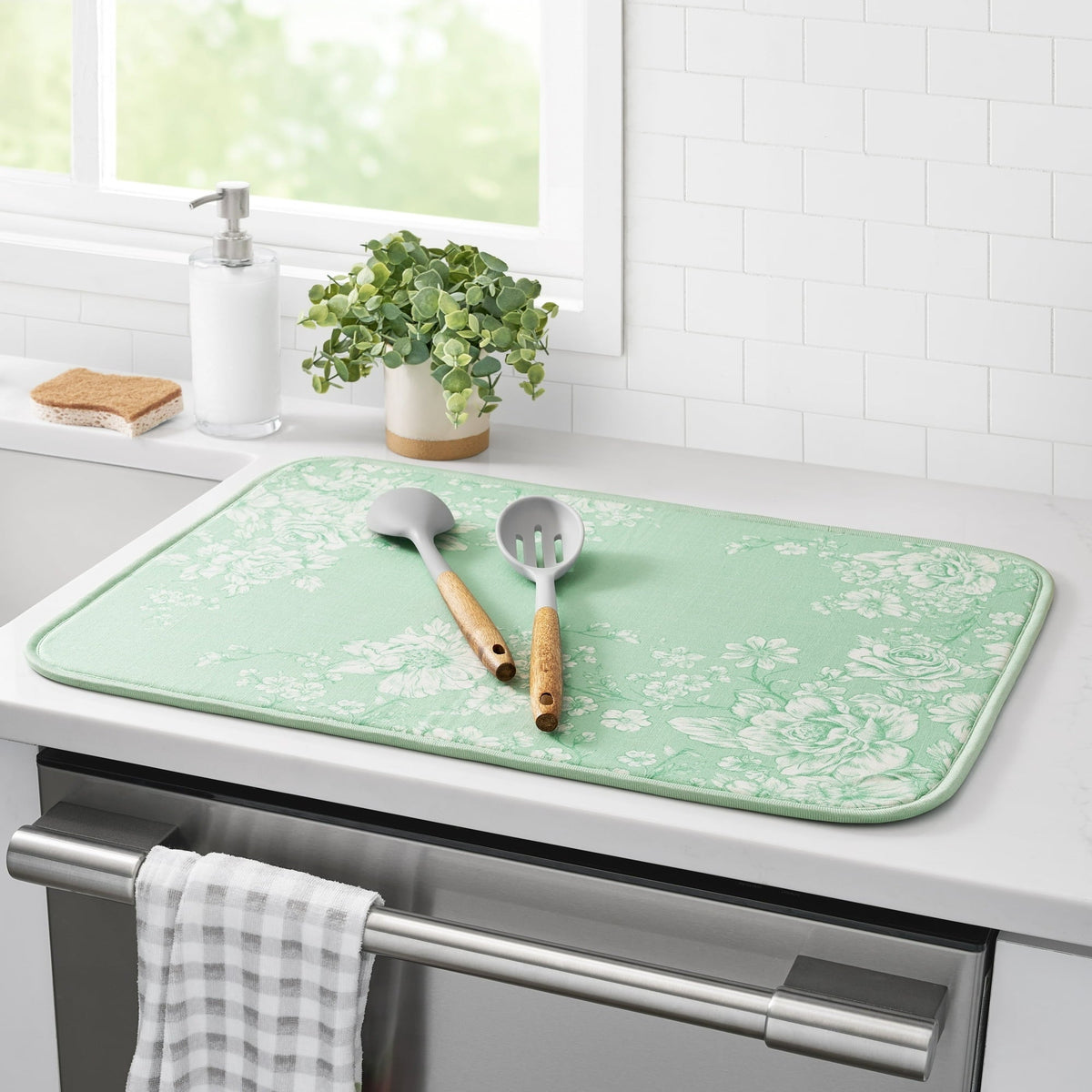 The Pioneer Woman Agatha 100% Polyester Dish Drying Mat, Green, 18" x 24"