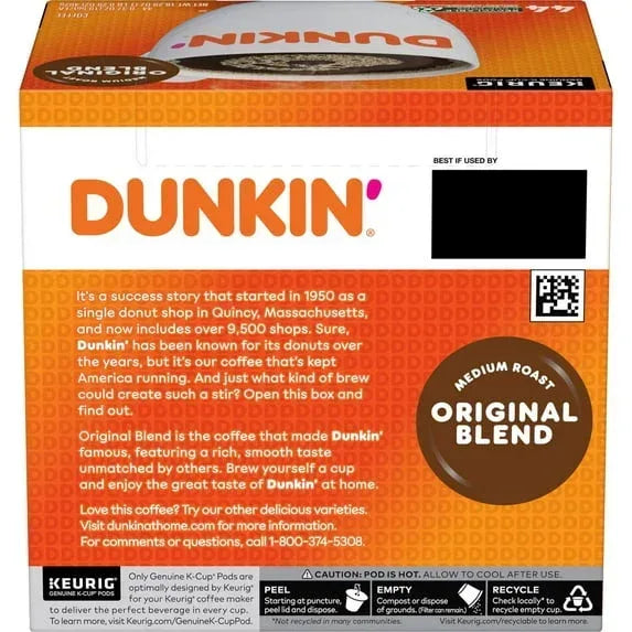 Dunkin’ Original Blend Medium Roast Coffee, Keurig K Cup Pods, 44 Count Box