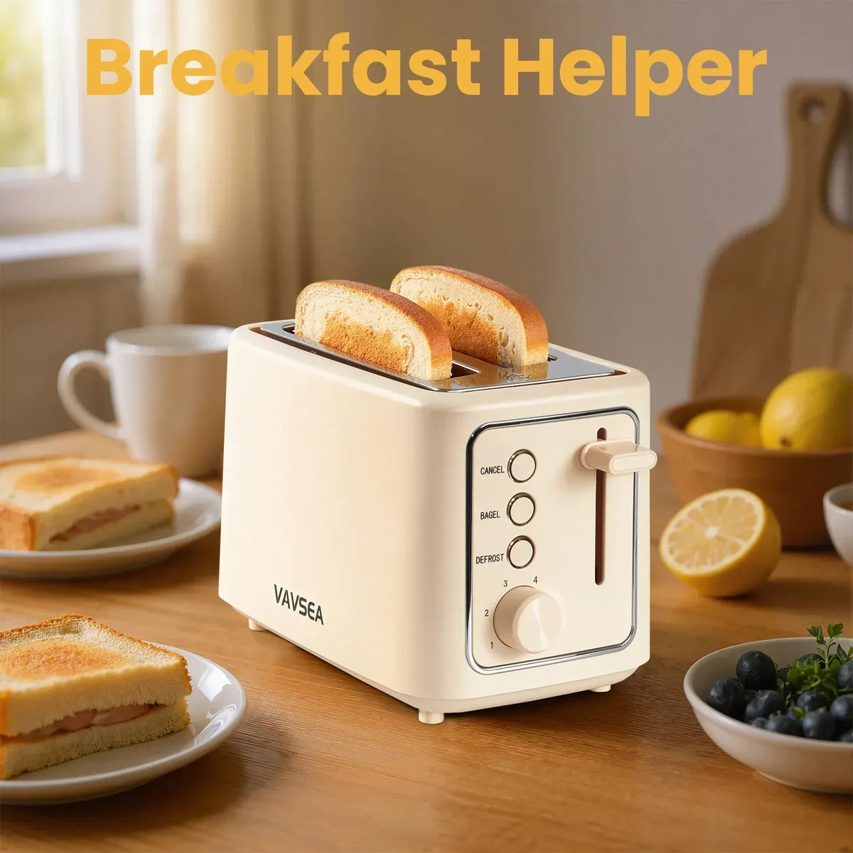 VAVSEA 2 Slice Toaster, 1000W Bread Toaster Machine with Extra Wide Slot, 6 Shade Settings and LED for Bagels, Waffles, Bread, Removable Crumb Tray, Breakfast Helper, Beige