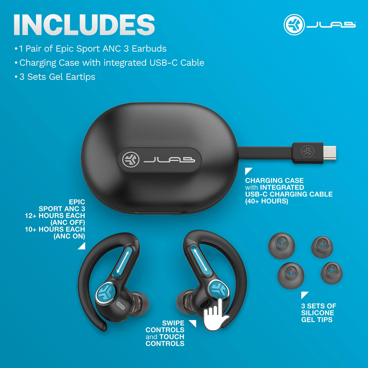 JLab Epic Sport 3 Active Noise Cancelling Earbuds, True Wireless, Black, Earhook, 52+ Hr Playtime, Dual Drivers, IP66
