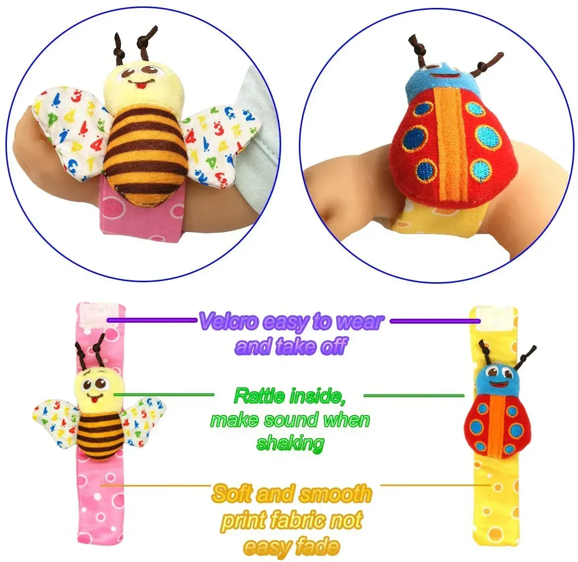 Rattle Toy,Arm Hand Bracelet Rattle,Feet Leg Ankle Socks, Present Gift for Newborn Infant Babies Boy Girl Bebe (4 Bugs)