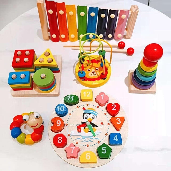 9-Piece Wooden Toddler Learning Set – Montessori Musical & Educational Toys with Xylophone, Bell Stick, Maracas, Castanets, Bead Maze, Shape Sorter, Stacking Rings & Clock (Ages 1-3)