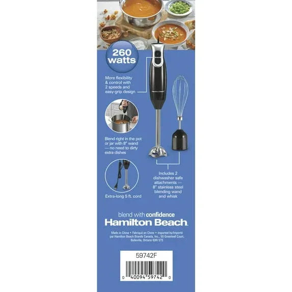 Hamilton Beach 2-Speed Immersion Hand Blender for Kitchen with Blending Wand & Whisk, Black