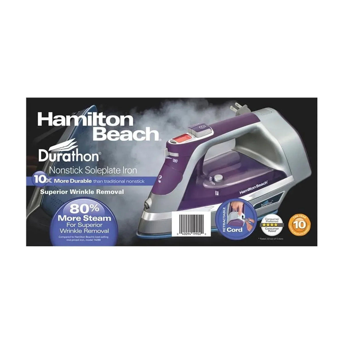 Hamilton Beach Durathon Clothing Iron, Steam Iron for Clothes with Nonstick Soleplate & Retractable Cord, Silver