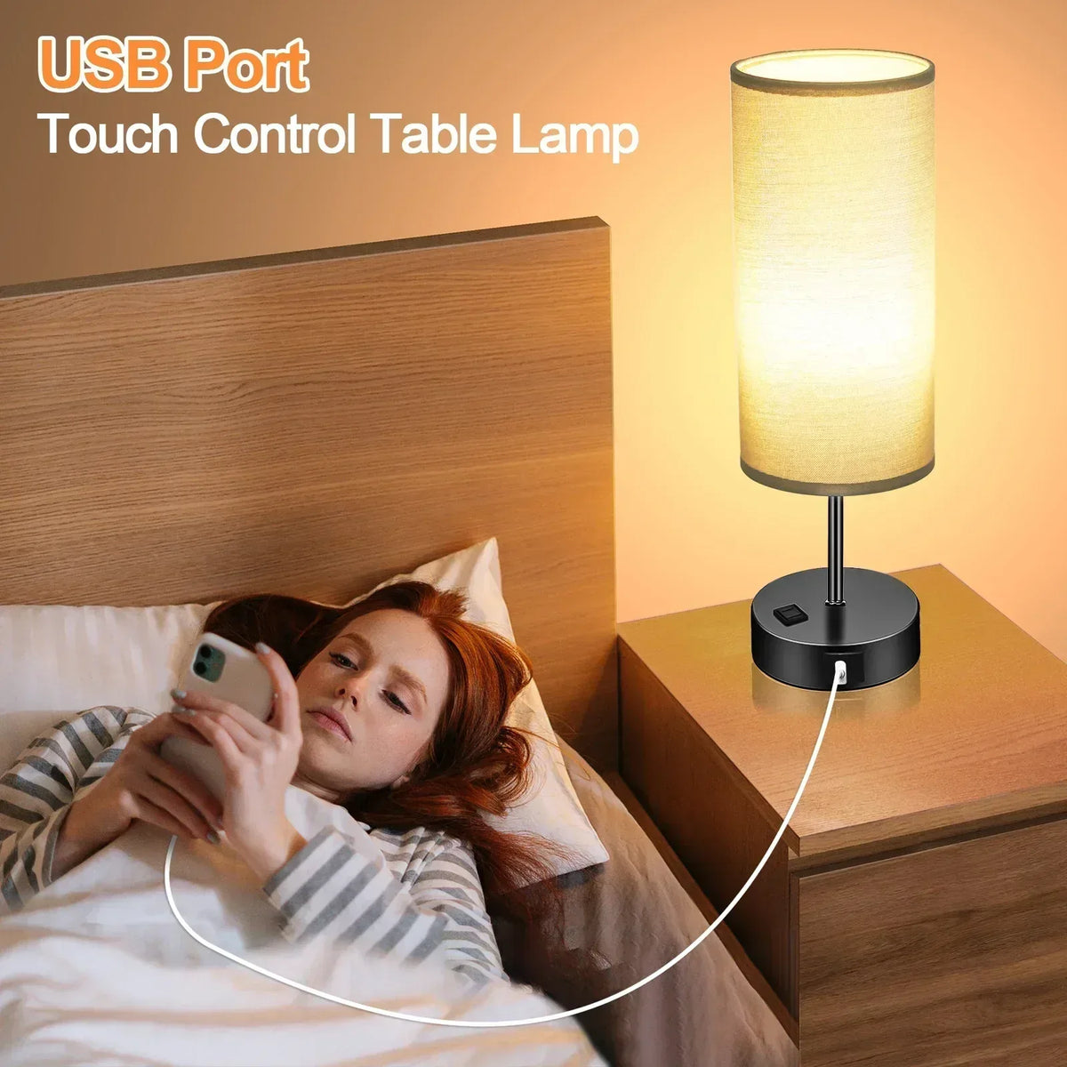 Table Lamps for Bedroom, 3 Way Dimmable Touch Control Bedside Lamp with USB C+A Fast Charging Ports, Nightstand Lamp for Office, Living Room, Reading(E26 Light Bulb Included)