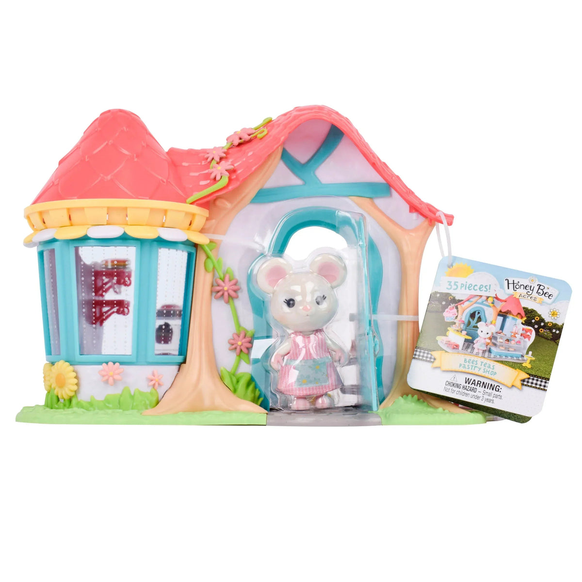 Honey Bee Acres Bees Teas Pastry Shop – 35 Piece Miniature Bakery Dollhouse with Cupcakes, Tea Cups & Exclusive Mouse Figure – Kids Ages 3+
