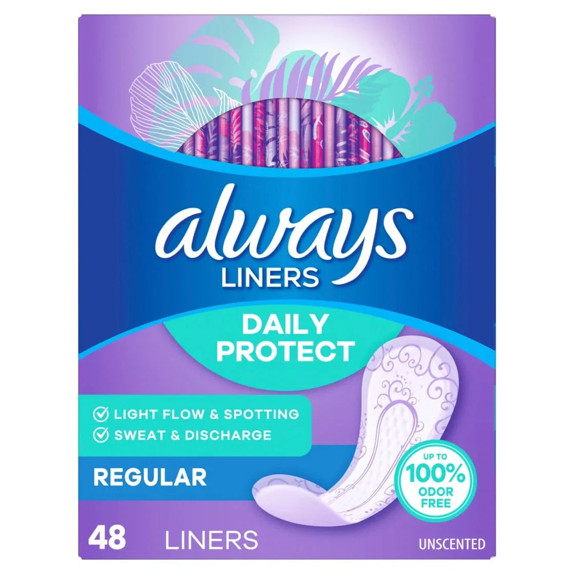Always Daily Protect Panty Liners, Regular Length, Unscented, 48 Count