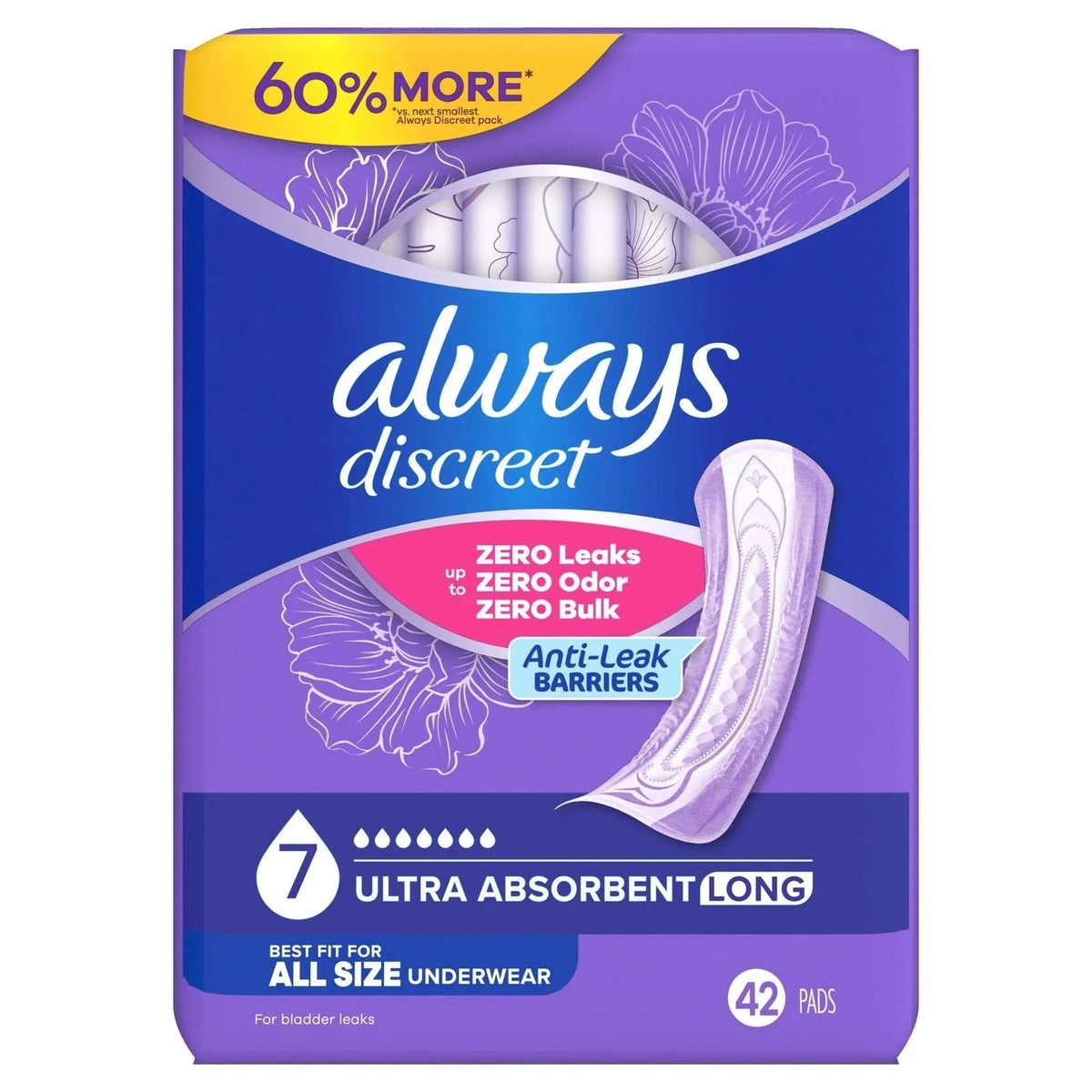 Always Discreet Adult Incontinence Pads for Women, Ultimate Extra Absorbency, Long Length, Postpartum Pads, 42 Count