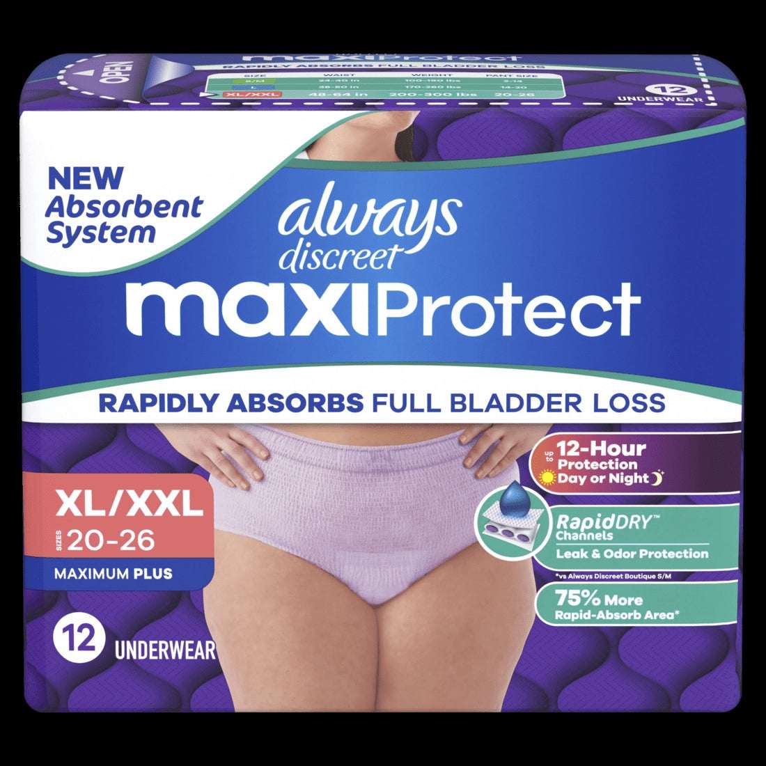 Always Discreet MaxiProtect, Adult Diapers for Women, Incontinence Underwear, Maximum Plus Absorbency, Size XL/XXL, 12 Count