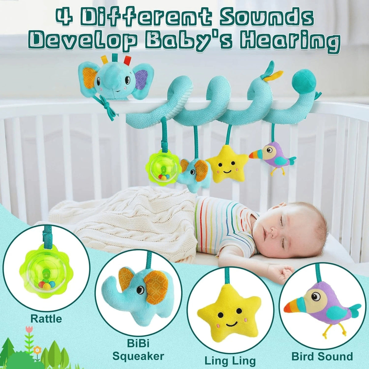 BUTOMKY Spiral Car Seat & Stroller Activity Toys for Babies 0-6 Months - Hanging Infant Toys with Rattles, Teether for Newborn Boys Girls