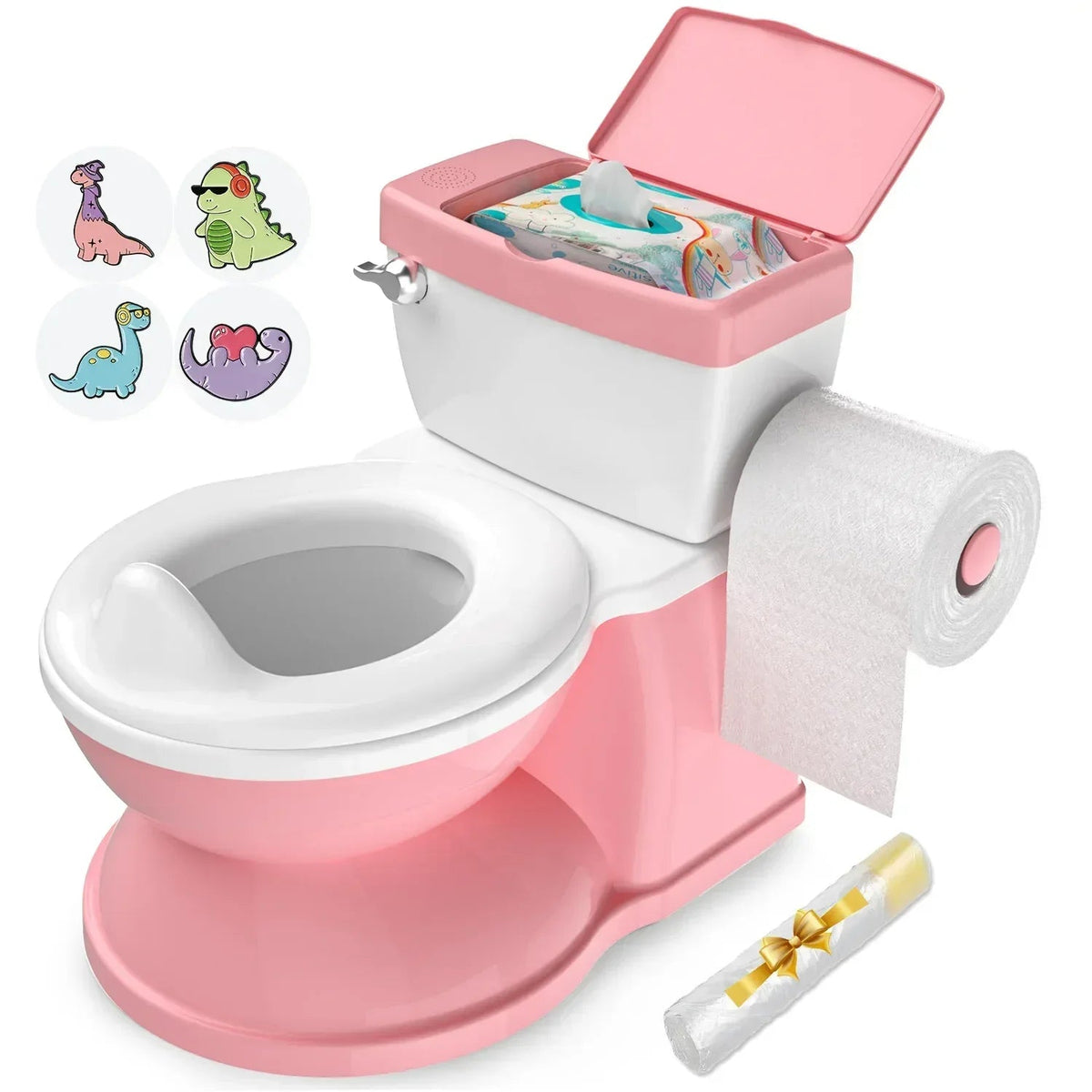 Babybond 2-in-1 Toddler Potty Training Toilet, with toilet paper holder and storage shelf, featuring flushing sound, suitable for 1-3 year old toddlers, white.