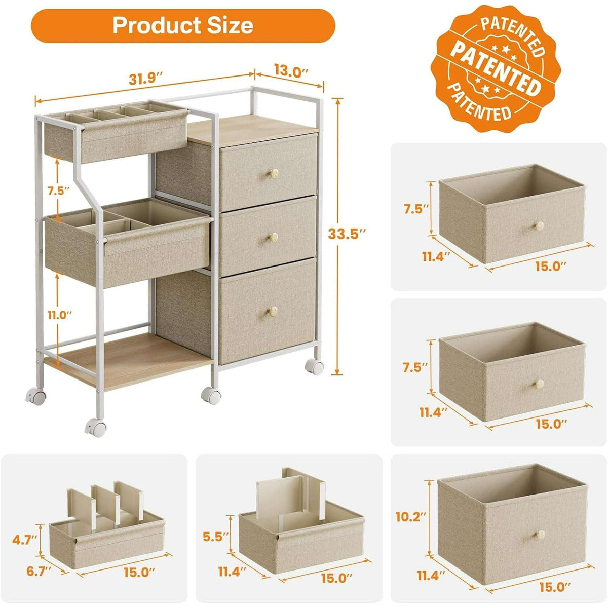 Baby Diaper Organizer and Storage Cart - 3 Tiers with Dividers and Drawers for Nursery, Bedroom, Changing Table and Crib