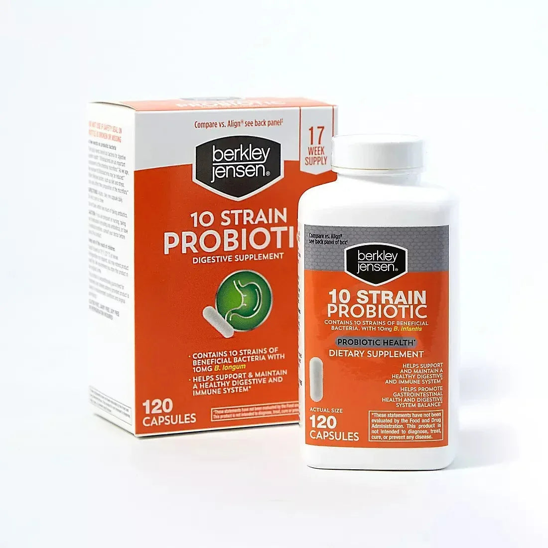 Berkley Jensen Natural 10-Strain Probiotic Dietary Supplement, 120 Capsules