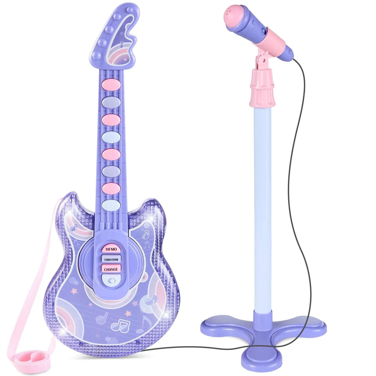 Best Choice Products 19in Kids Flash Guitar, Pretend Play Musical Instrument Toy for Toddlers w/ Mic, Stand - Black