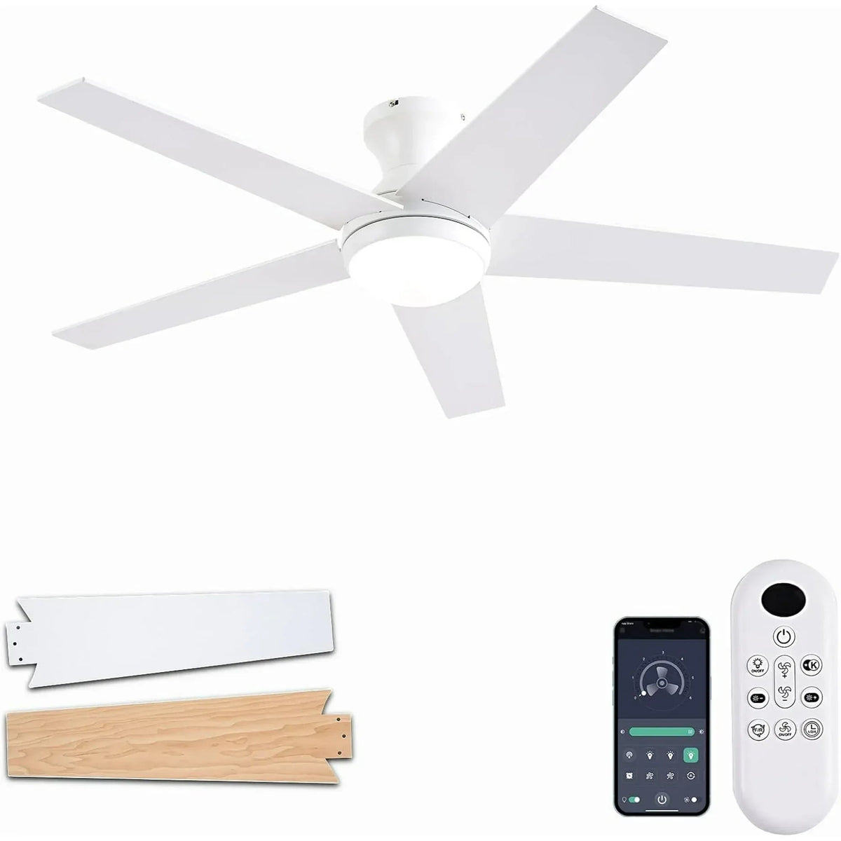 Ceiling Fans with Lights, 48 inch Low Profile Ceiling Fan with Light and Remote Control, Flush Mount, Reversible Motor, Dimmable, Noiseless, White Ceiling Fan for Bedroom, Indoor/Outdoor Use