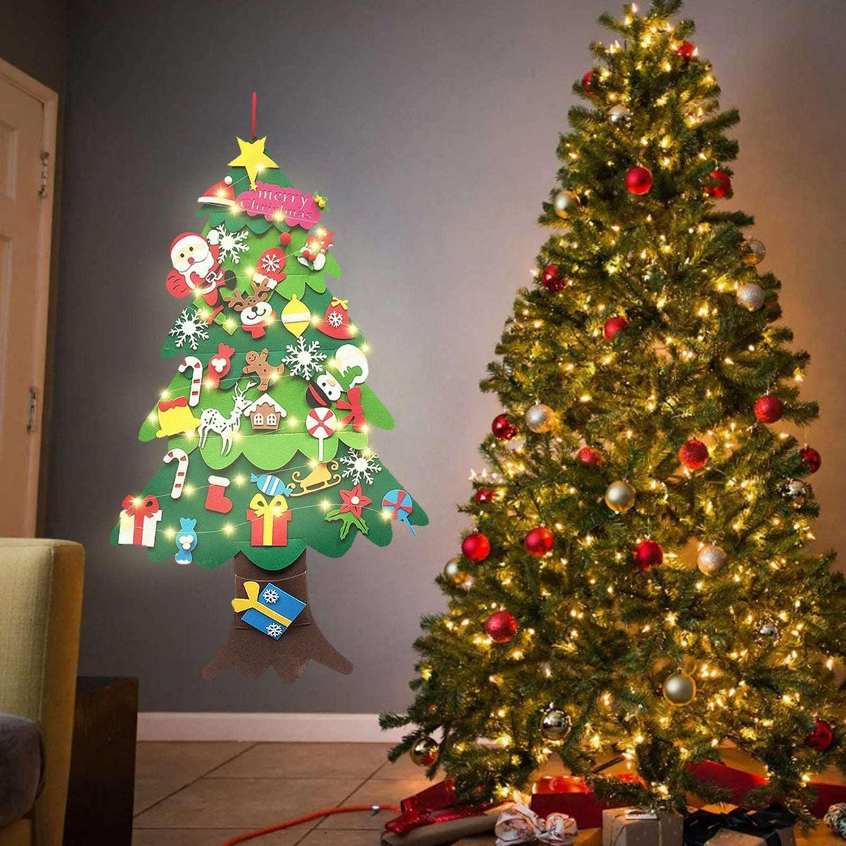 DIY Lighted Felt Christmas Tree Set with Ornaments for Kids, My First Christmas Tree for Toddlers, Xmas Gifts 3.5ft 33 Ornaments Wall Hanging, New Year Door Wall Hanging Decorations