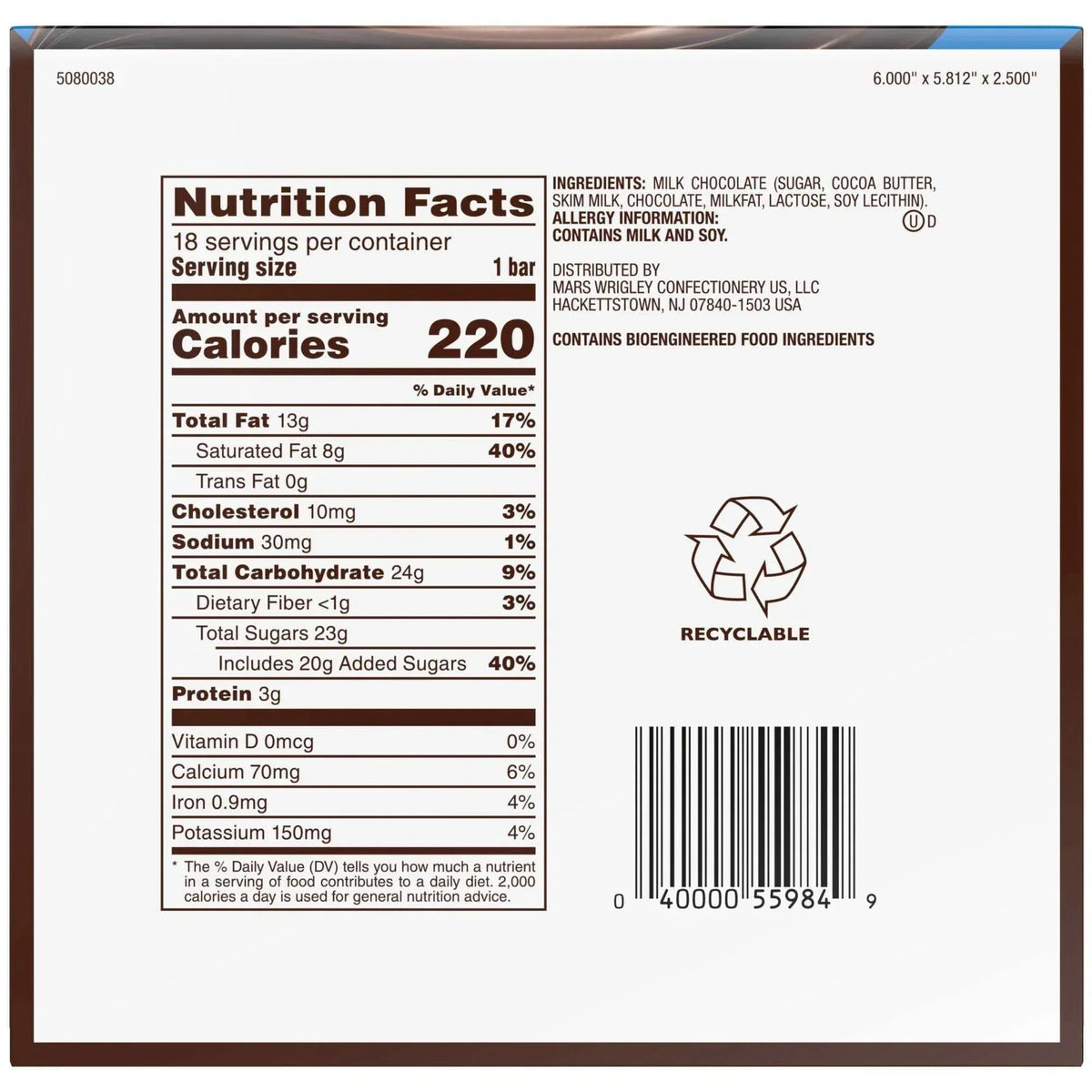 Dove Milk Chocolate Candy Bars, Full Size, 1.44 oz, 18-count