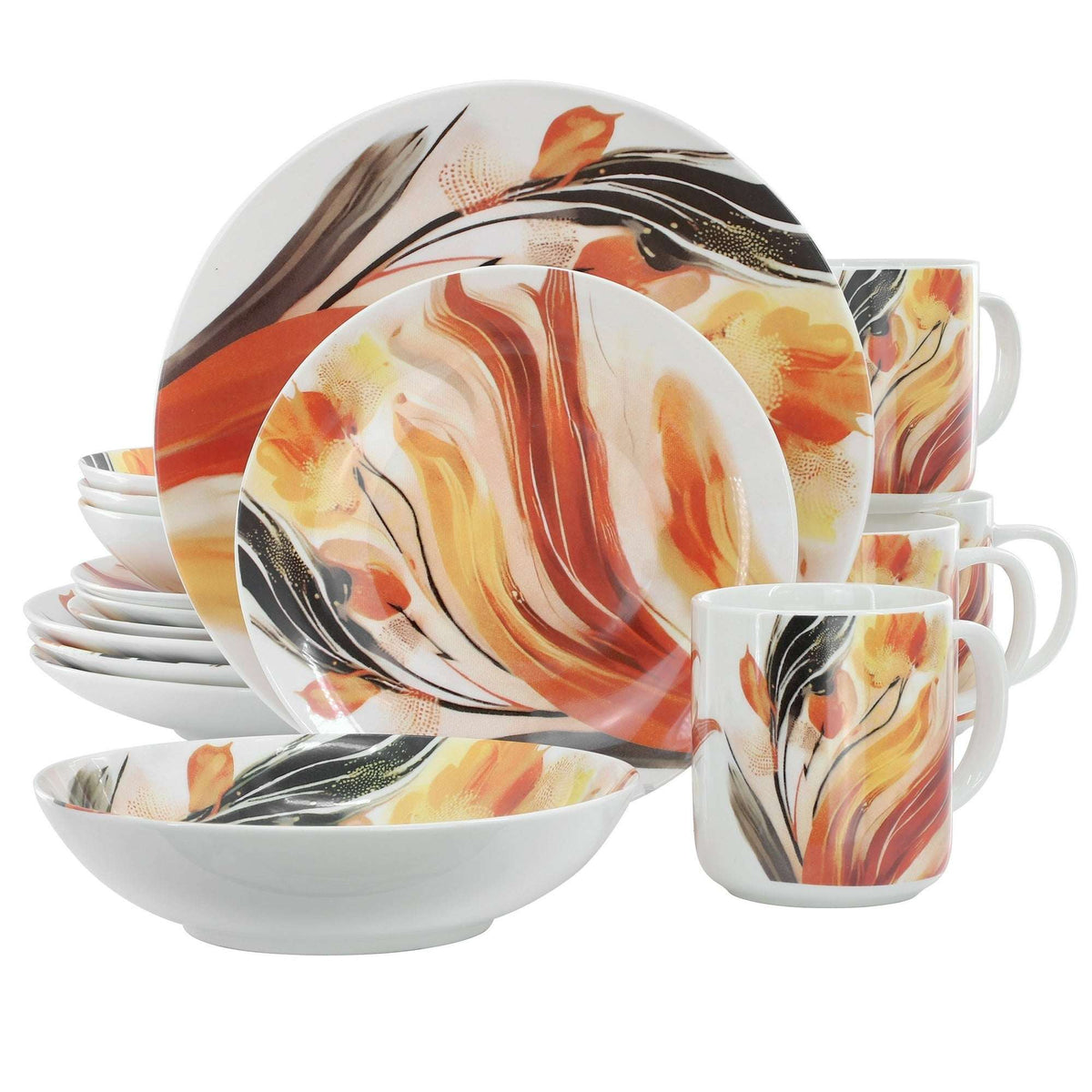 Elama Peony Garden 16 Piece Floral Design Round Porcelain Dinnerware Set in Blue