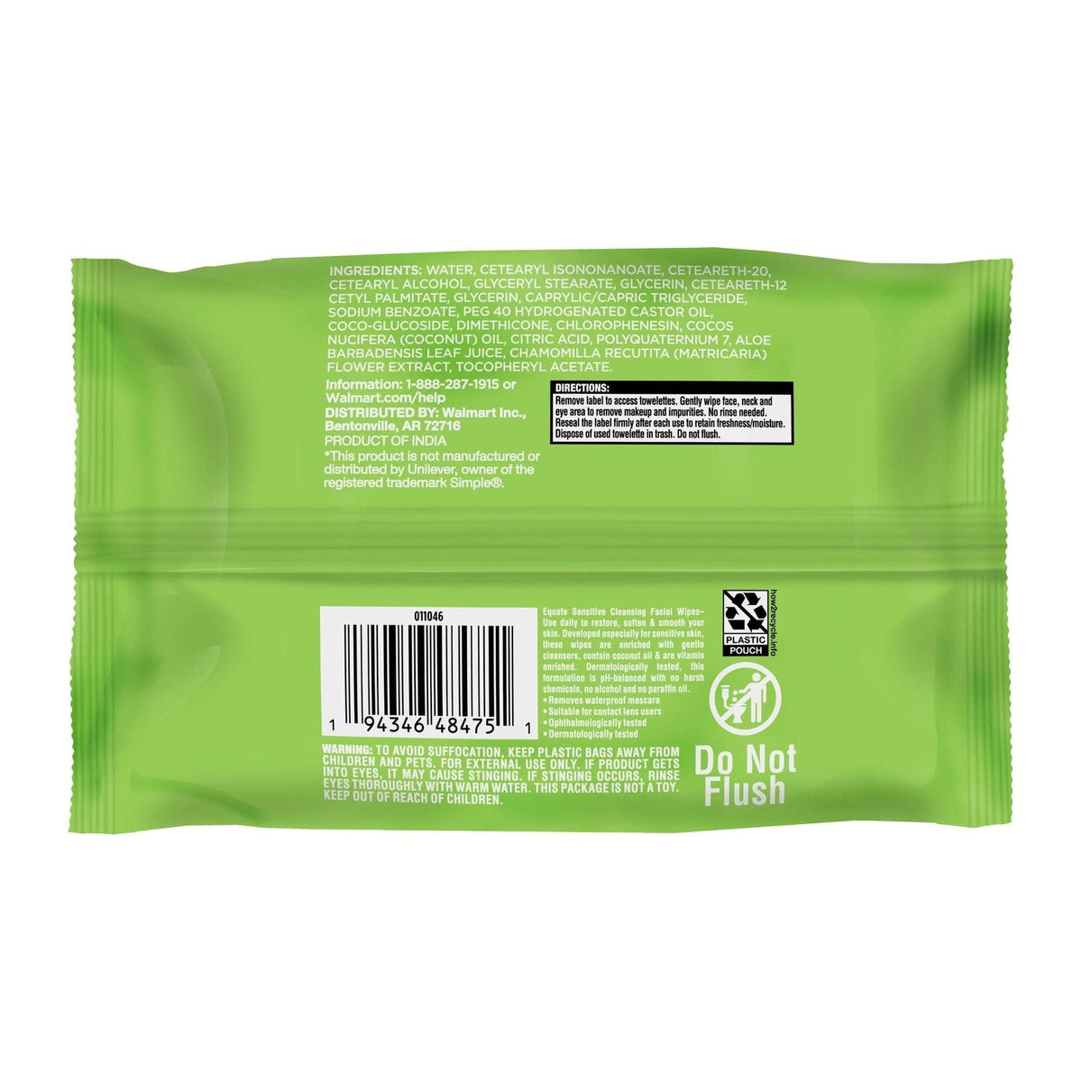 Equate Sensitive Cleansing Facial Towelette Wipes for Face Care of Sensitive Skin, Alcohol Free (40 Count), Compare to Simple® Cleansing Facial Wipes