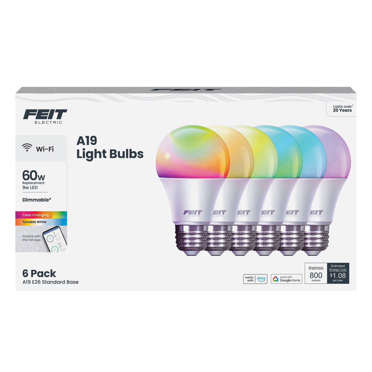 Feit Electric Smart LED 9 Watt (60 Watt Eq.) Color Changing/Tunable White Light Bulb, A19, E26, Dimmable