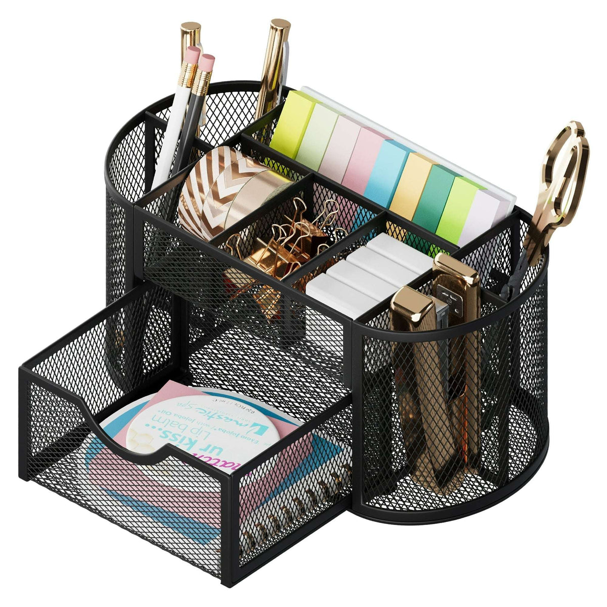 GARITIN Desk Organizer, Pen Holder with Drawers Pencil Holder for Desk Mesh Office Supply Organizer and Storage, Black