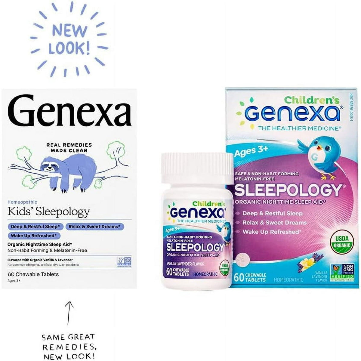 Genexa Kid's Sleepology | Melatonin Free Childrens Sleep Aid |Soothing Natural Vanilla & Lavender Flavor | Certified Organic & Non-GMO | Homeopathic Remedy Made Clean | 60 Chewable Tablets
