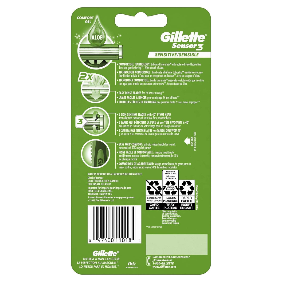 Gillette Sensor 3 Sensitive Men 3 Blade Disposable Razor,8 count