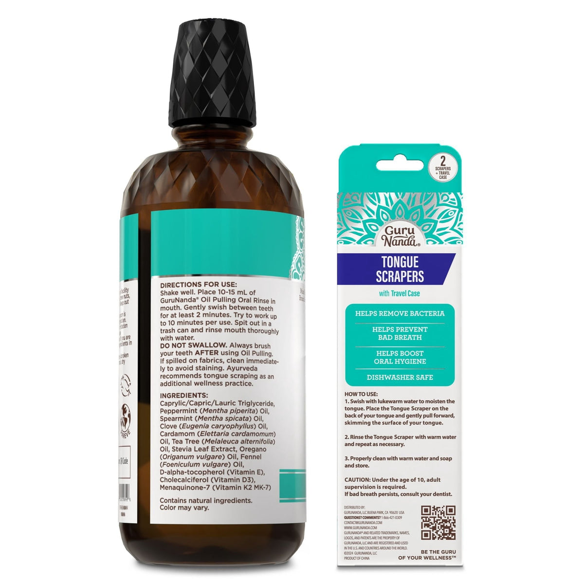 GuruNanda Oil Pulling Oral Rinse + Tongue Scraper Variety Pack Set