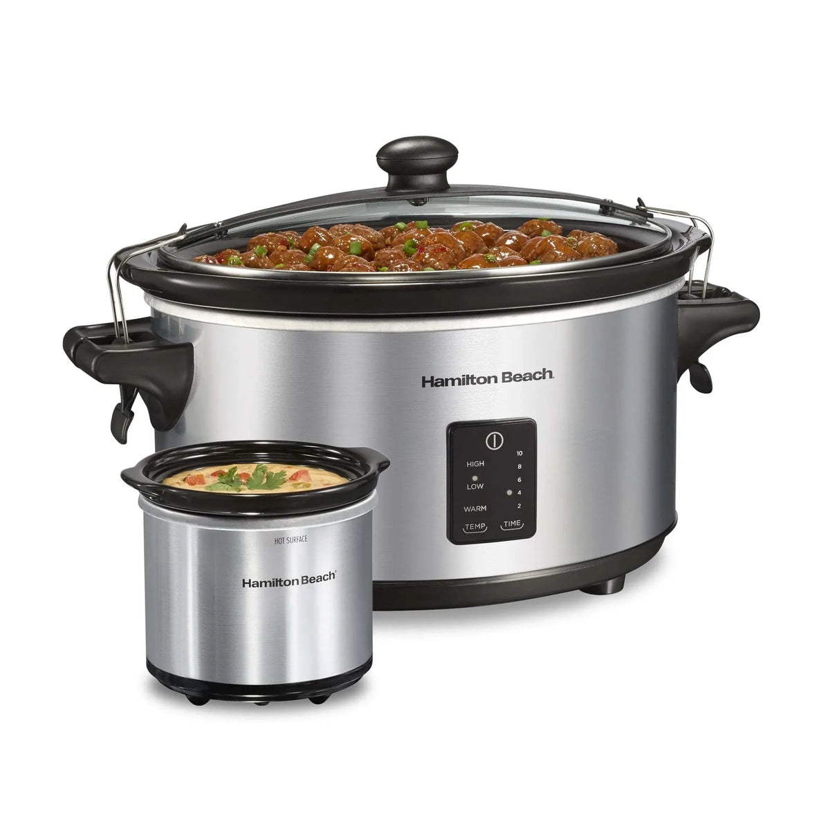Hamilton Beach 7 Qt Programmable Slow Cooker, Stoneware Crock with Removable Pot, Includes Party Dipper Food Warmer, Red