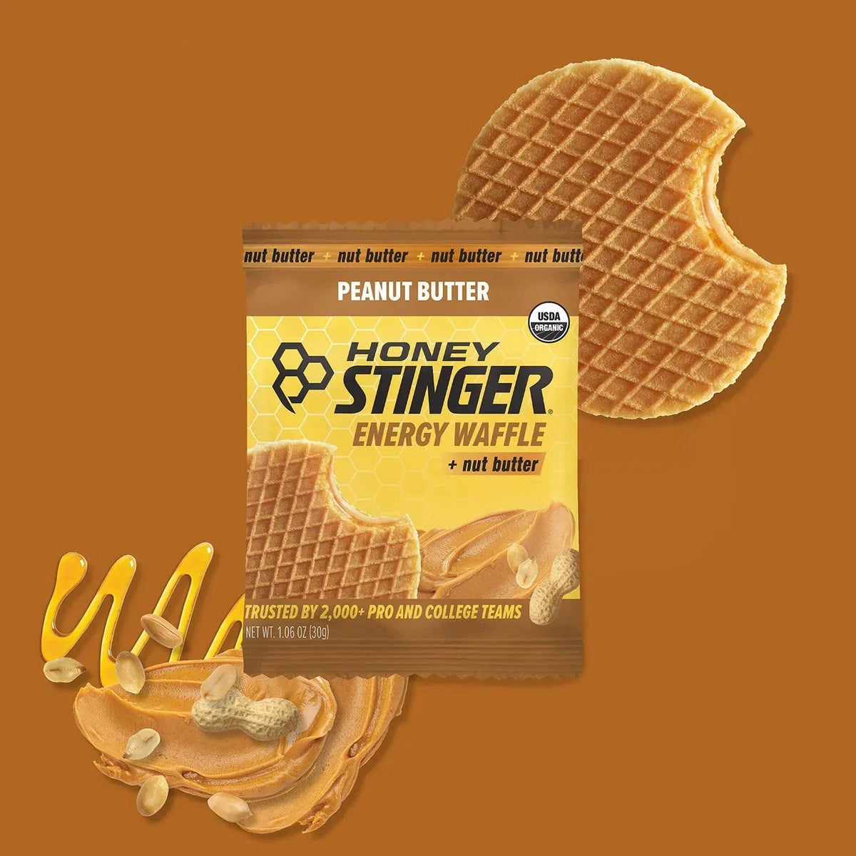 Honey Stinger Organic Energy Waffle, Peanut Butter, Caffeine Free Healthy Snack, 1.06 oz.,12 pk.