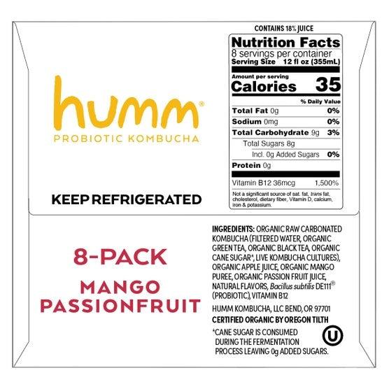 Humm Organic Mango Passion Kombucha, 12 fl oz, 8-count