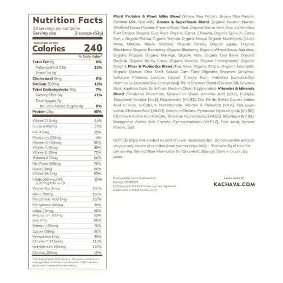 Ka'Chava All-In-One Nutrition Plant Based Shake, Chocolate, 30 Servings, 4.16 lbs