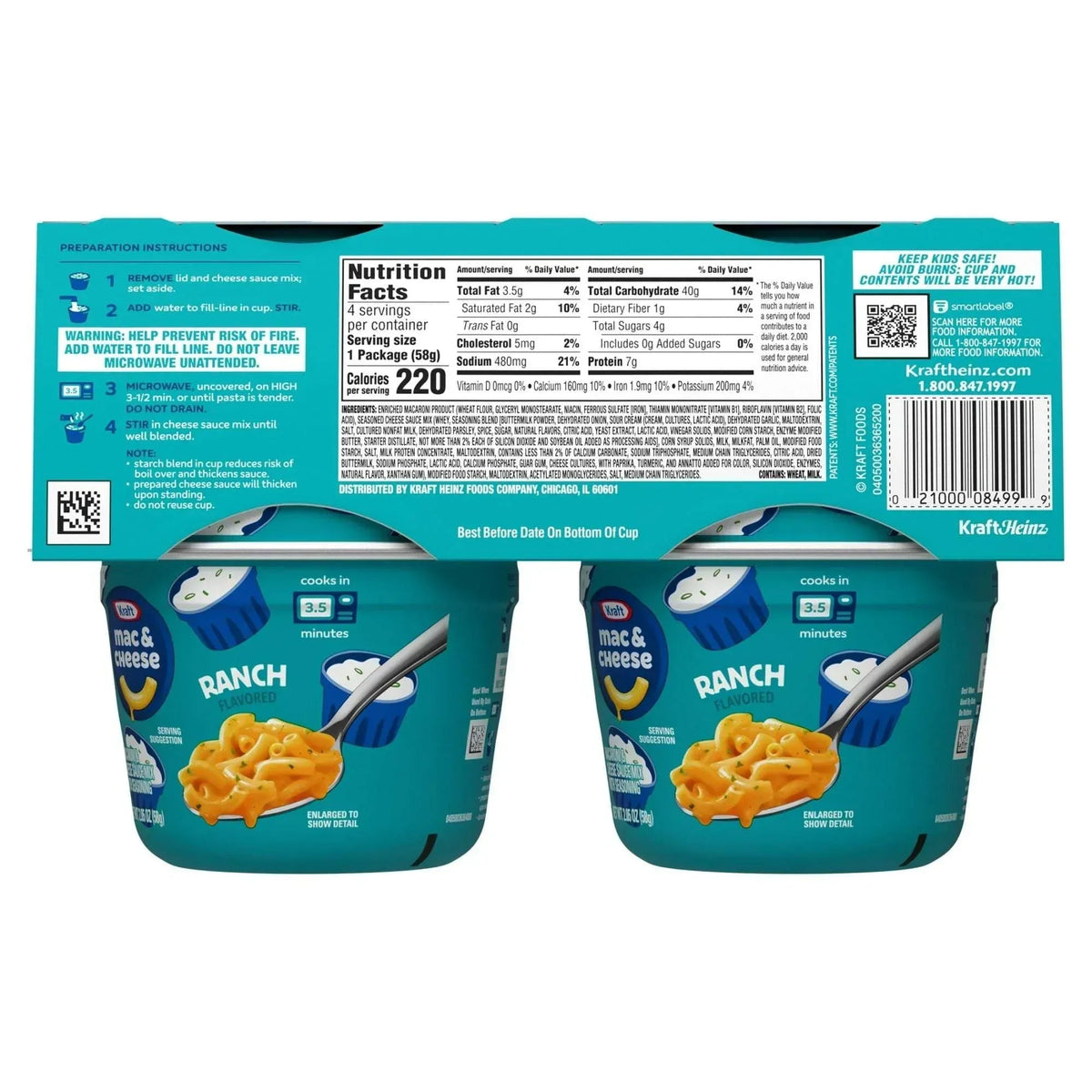 Kraft Mac and Cheese, 4 Cups, for Easy Dinner or Dinner Sides, Ranch Flavored, No Artificial Flavors, Preservatives or Dyes, 2.05 oz