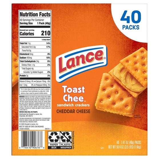 Lance Toast Chee Sandwich Crackers, Cheddar Cheese, 1.41 oz, 40-count