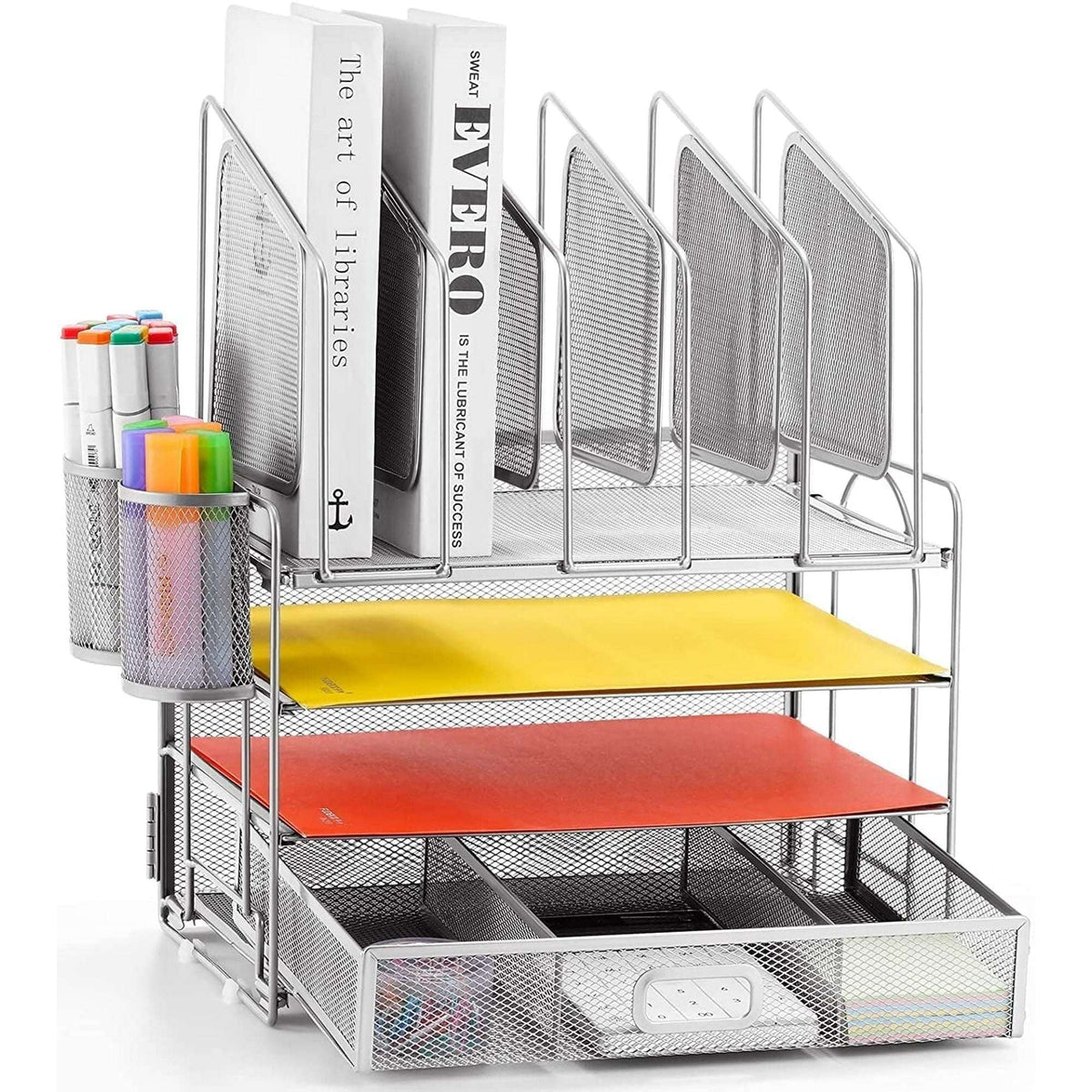 Marbrasse Desk Organizer with Drawer, 4-Tier Mesh Desk File Organizer with 5 Vertical File Holders and 2 Pen Holders, Multifunction Desktop Organizer,Desk Organizers and Accessories for Home Office
