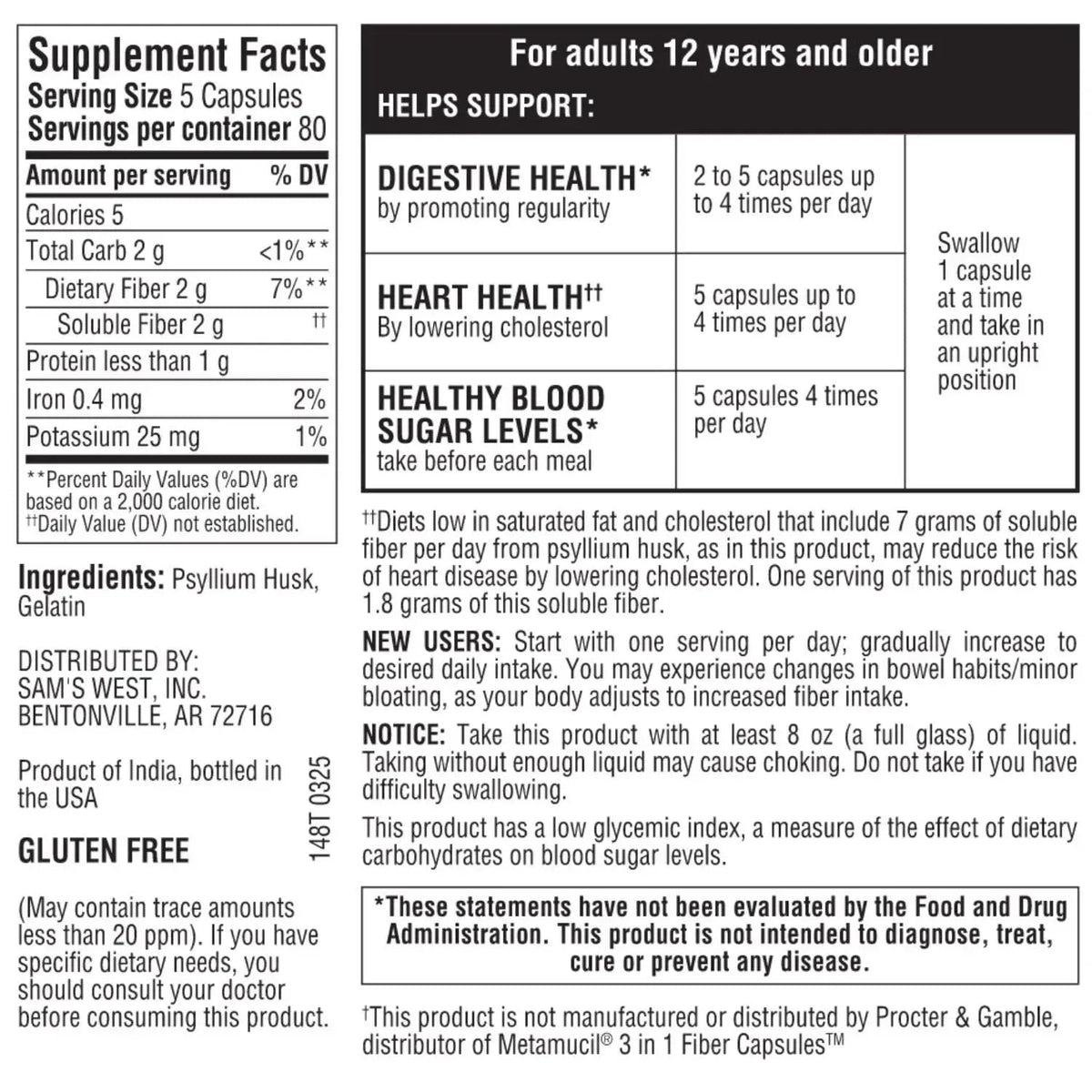 Member's Mark 100% Psyllium Husk Fiber Capsules, 800 ct.