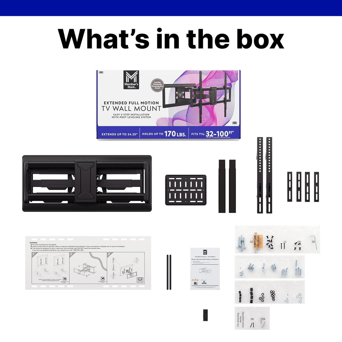 Member's Mark Full Motion Extended TV Wall Mount with Articulating Dual Swivel Arms for 32"-100" TVs