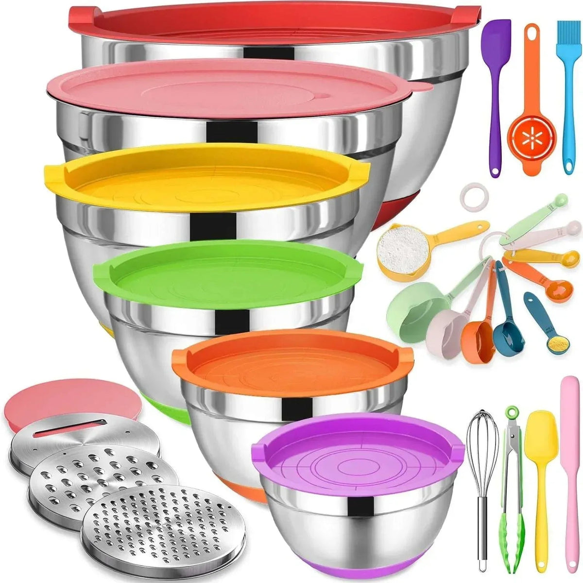 Mixing Bowls with Airtight Lids, AOKIWO 26Pcs Stainless Steel Nesting Non-Slip Bottoms Mixing Serving Bowls Set wtih 3 Grater & Tools Gadgets, 7/4/2.5/2/1.5/1QT Metal Salad Bowls for Serving Preppi