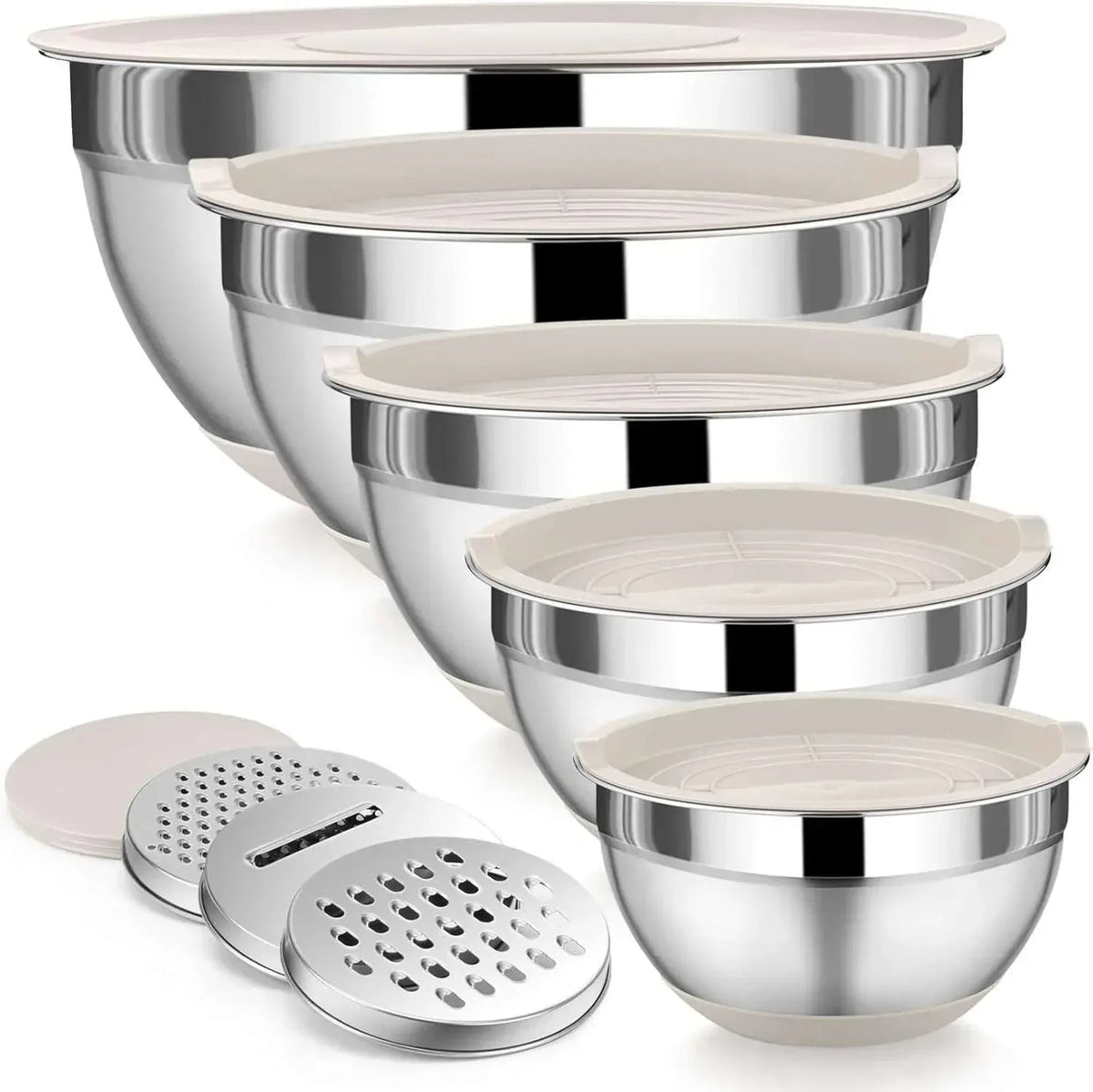AOKIWO Mixing Bowls with Airtight Lids, 8PCS Stainless Steel Bowls Set with 3 Grater Attachments, Kitchen Bowls with Non-Slip Bottoms, Size 5, 4, 3.5, 2, 1.5 QT for Mixing & Serving, Black