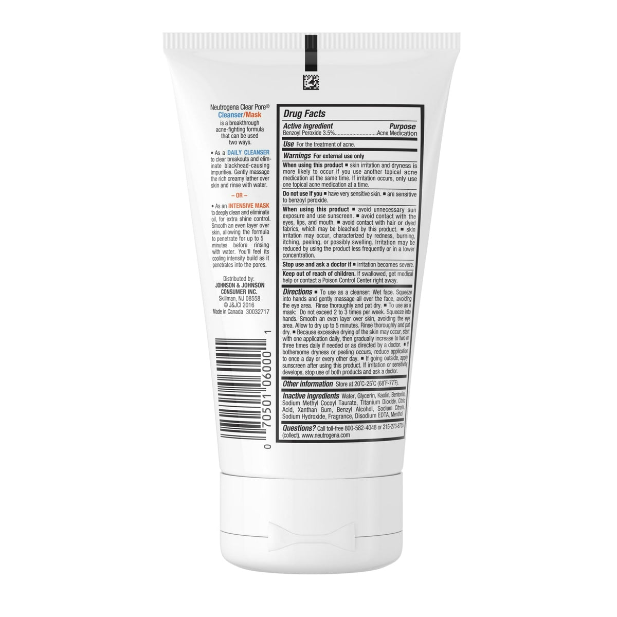 Neutrogena Clear Pore 3.5% Benzoyl Peroxide Face Wash & Acne Treatment Mask, 4.2 fl oz