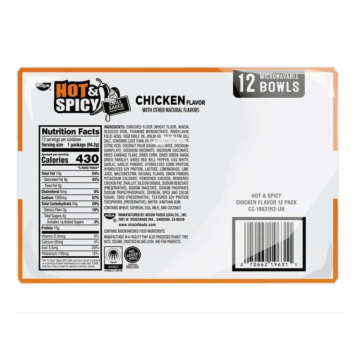 Nissin Hot and Spicy Chicken Bowl, 3.32 oz., 12 pk.