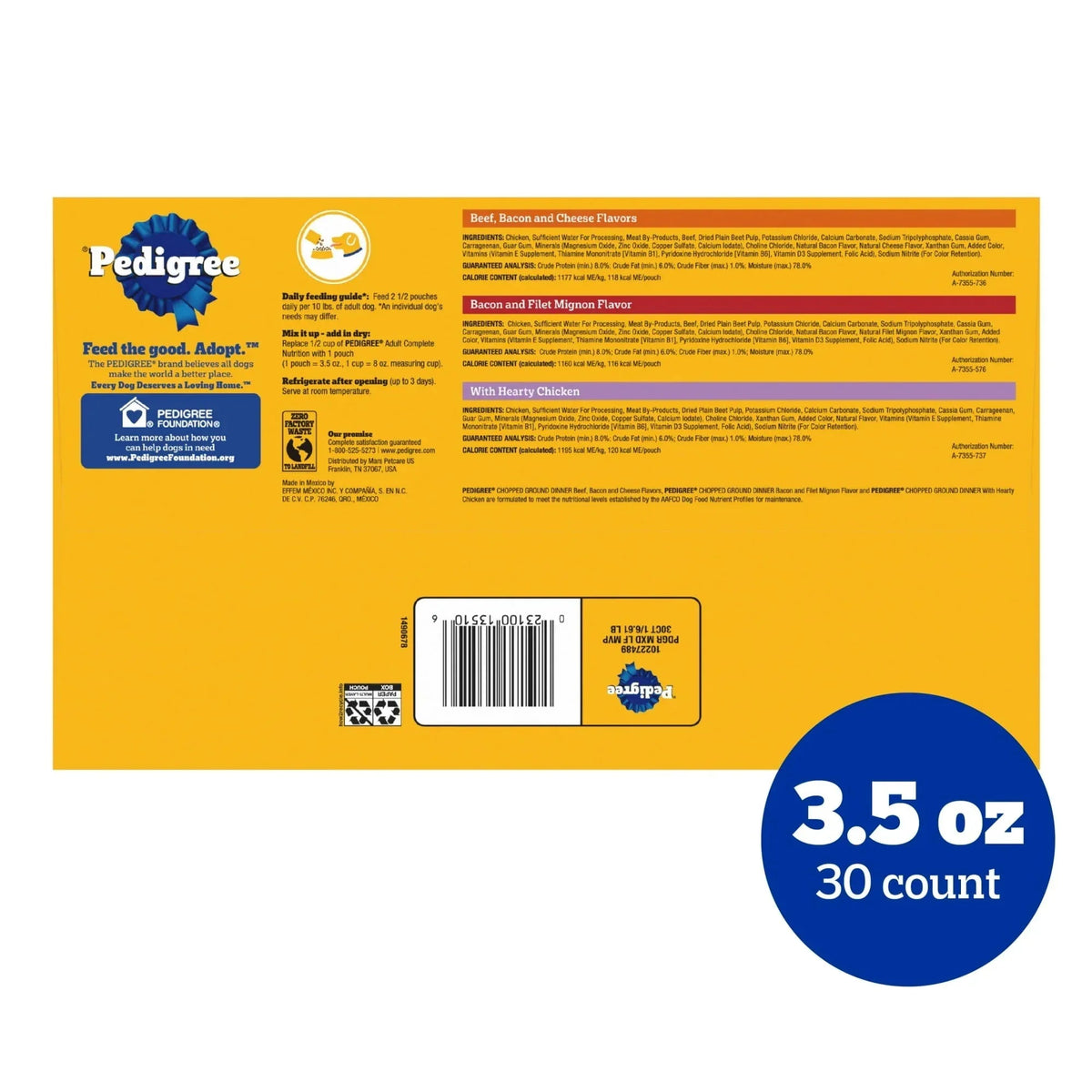 Pedigree Chopped Ground Dinner Beef & Bacon Variety Pack Wet Dog Food, (30) 3.5 oz Pouches