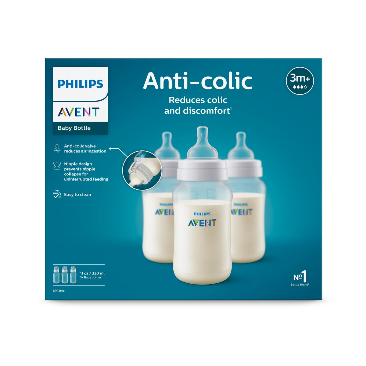 Philips Avent Anti-colic Baby Bottles, 11oz, 3pk, Clear, SCY106/03