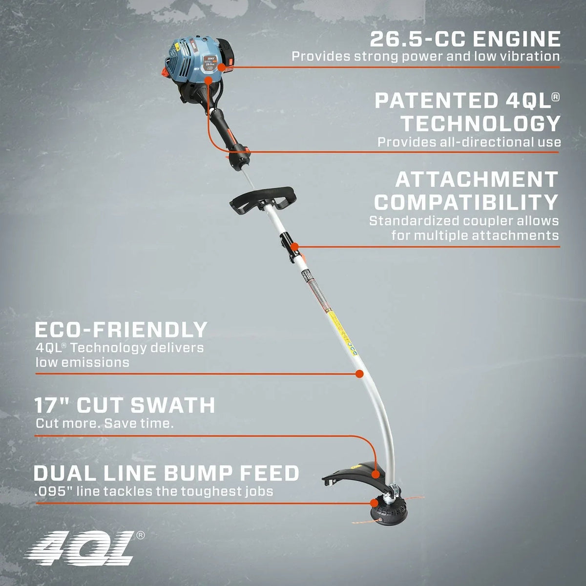 SENIX 4QL® 26.5cc 4-Cycle 17" Gas String Trimmer, Weed Eater, Attachment Capable
