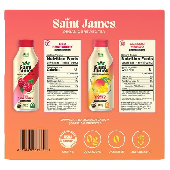 Saint James Organic Brewed Tea, Variety Pack, 16 fl oz, 15-count