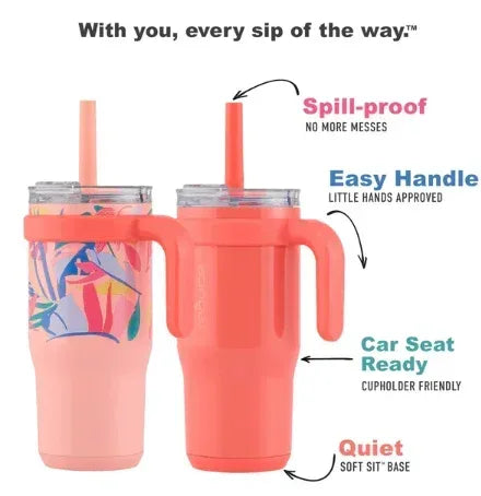 Reduce Vacuum Insulated Stainless Steel 2pk Coldee Mug with Lid and Spill-Proof Straw, Pink Coral & Peachy Tropics, 18 oz