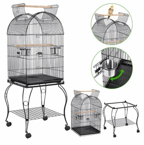 Renwick Rolling Metal Parrot Cage with Open Top For Small Birds, Black, 59" H