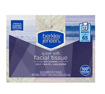 Berkley Jensen 3 Ply Facial Tissue, 65 ct./12 pk.