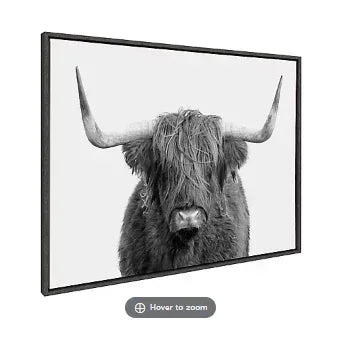 Kate and Laurel Sylvie B&W Highland Cow No. 1 Portrait Framed Canvas Wall Art by Amy Peterson, 28x38 Gray
